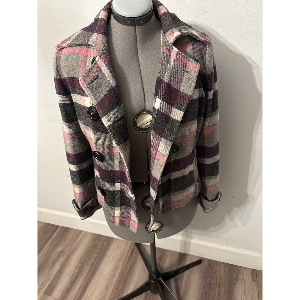 Cabi Plaid Peacoat Jacket Womens 4 Purple Pink Grey Checkered Double Breasted